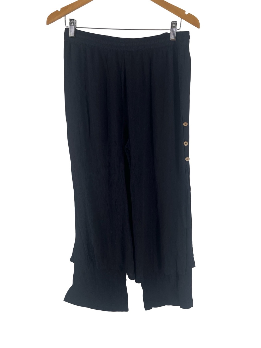 Pink Pineapple Black Wide Leg Button Detail Pants Medium Boho Rayon - Picture 3 of 8
